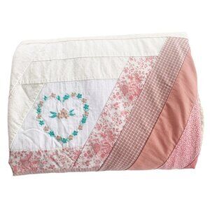 Quilted Blocked Embroidered Hearts Hexagon Twin/Full Bed Cover with Lace Trim